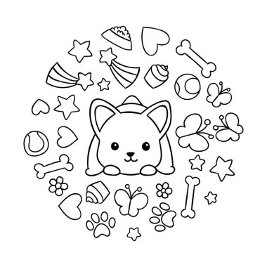 Boyama sayfaları, siyah beyaz kawaii el çizimi corgi köpek karalamaları, daire baskısı, baskı