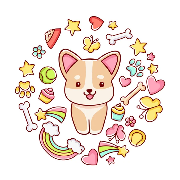 Şirin kawaii el çizimi Corgi köpek karalamaları, daire baskısı, beyaz arka planda izole edilmiş,