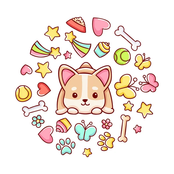 Lindo Kawaii Dibujado Mano Garabatos Perro Corgi Círculo Impresión Aislado — Archivo Imágenes Vectoriales