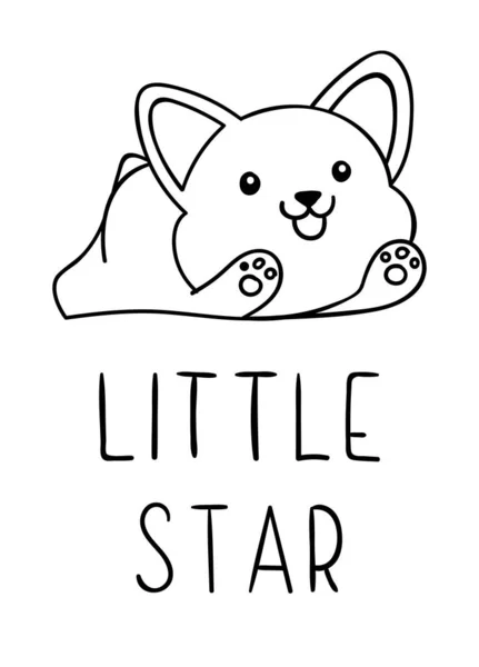 Kleurplaten Zwart Wit Schattige Kawaii Handgetekende Corgi Hondenkrabbels Belettering Kleine — Stockvector