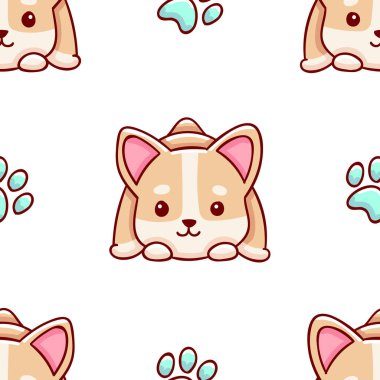 Basit, pürüzsüz desen, sevimli kawaii el çizimi Corgi karalamaları, parmak izi.