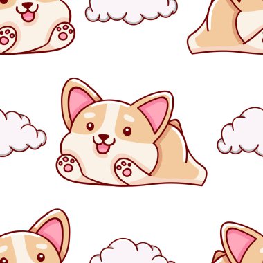 Basit, pürüzsüz desen, sevimli kawaii el çizimi Corgi karalamaları, parmak izi.
