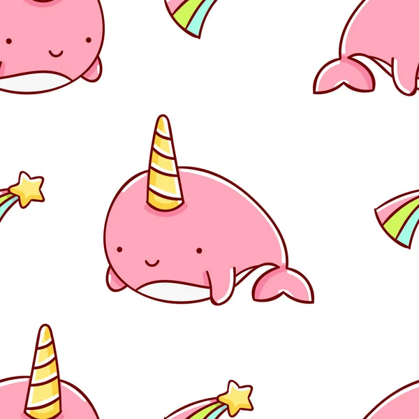 Simple seamless pattern, cute kawaii hand drawn narwhal doodles, print