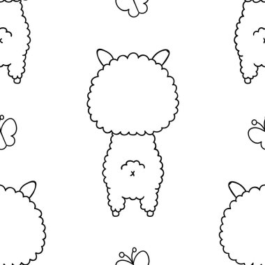 Basit, pürüzsüz desen, siyah beyaz kawaii el çizimi lama karalamalar, renkli sayfalar,