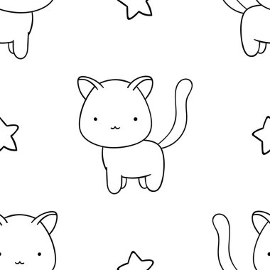 Basit, pürüzsüz desen, siyah beyaz kawai el çizimi kedi karalamaları, renkli sayfalar, yazdırma