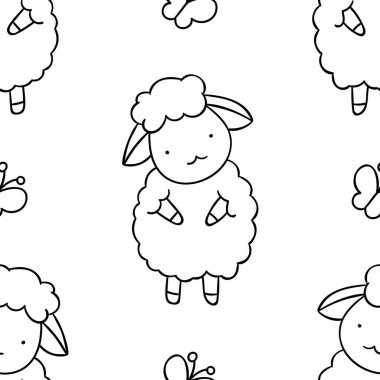 Basit, pürüzsüz desen, siyah beyaz kawai el çizimi koyun karalamaları, boyama sayfaları, baskılar.