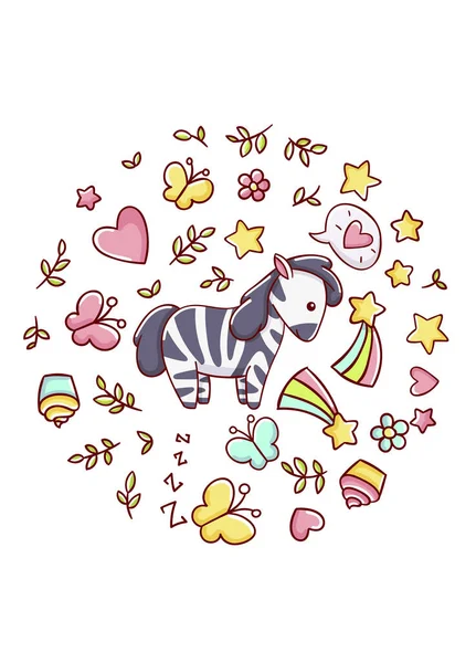 Cute Kawaii Ręcznie Rysowane Zebra Bazgroły Koło Druku Izolowane Białym — Wektor stockowy