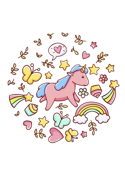 Leuke Kawaii Met Hand Getekende Roze Eenhoorn Doodles Cirkel Print — Stockvector