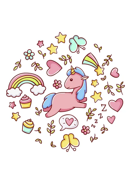 Şirin kawaii el çizimi pembe tek boynuzlu at karalamaları, daire baskısı, beyaz arka planda izole edilmiş,