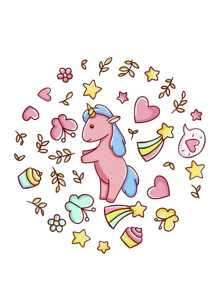 Şirin kawaii el çizimi pembe tek boynuzlu at karalamaları, daire baskısı, beyaz arka planda izole edilmiş,