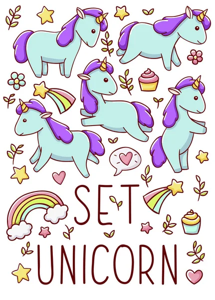 Set Cute Kawaii Hand Drawn Blue Unicorn Doodles Isolated White — Stock Vector