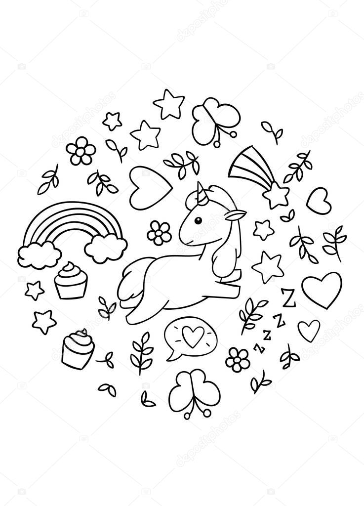 coloring pages black and white cute kawaii hand drawn unicorn doodles circle print print premium vector in adobe illustrator ai ai format encapsulated postscript eps eps format