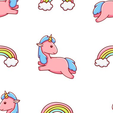 Kusursuz desenli, sevimli kawaii eli pembe tek boynuzlu at karalamaları, parmak izi.