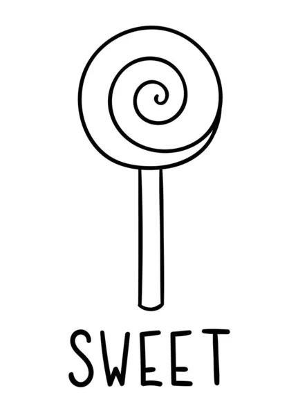 Páginas para colorear, blanco y negro lindo kawaii dibujado a mano garabatos dulces, letras dulces — Vector de stock