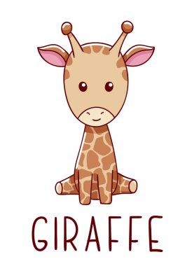 Şirin kawaii el çizimi zürafa, harf zürafası, beyaz arka planda soyutlanmış.