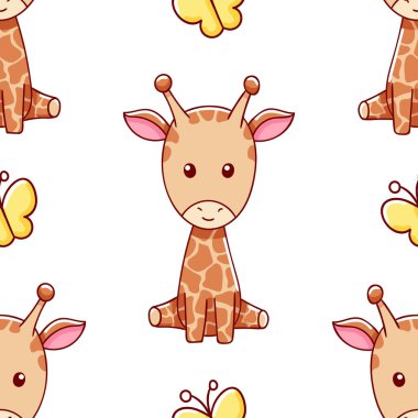 Kusursuz desen, sevimli kawaii el çizimi zürafa karalamaları, parmak izi.