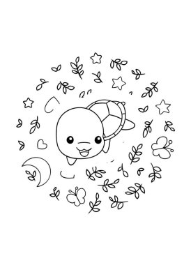 Boyama sayfaları, siyah beyaz kawaii el çizimi kaplumbağa karalaması, daire baskısı, baskı.