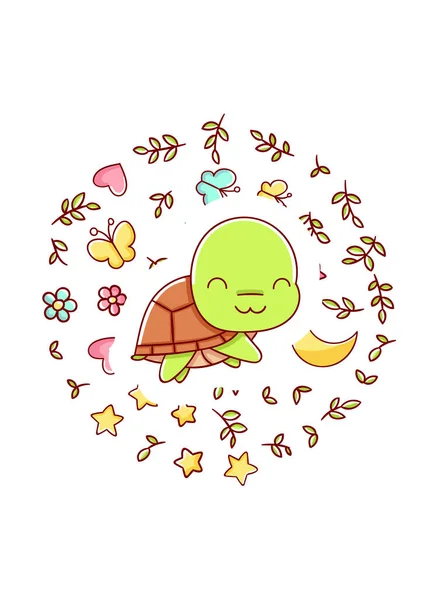 Mignon Kawaii Gribouillis Tortues Dessinés Main Imprimé Cercle Isolé Sur — Image vectorielle