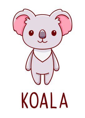 Şirin kawaii el çizimi koala karalamaları, harf koalası, beyaz arka planda izole edilmiş,