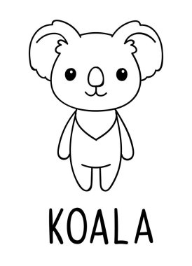 Boyama sayfaları, siyah beyaz kawaii el çizimi koala karalamaları, harfler, yazılar.