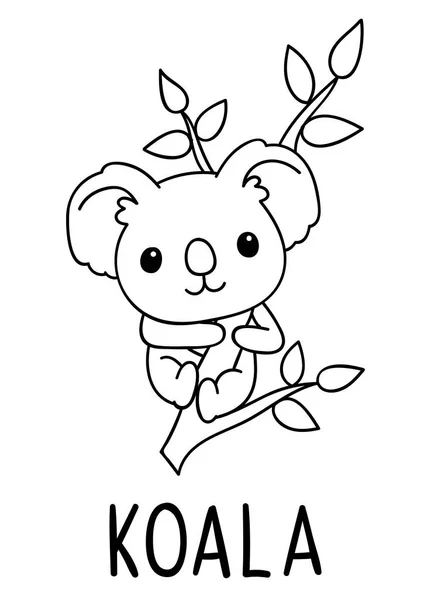 Boyama sayfaları, siyah beyaz kawaii el çizimi koala karalamaları, harfler, yazılar.