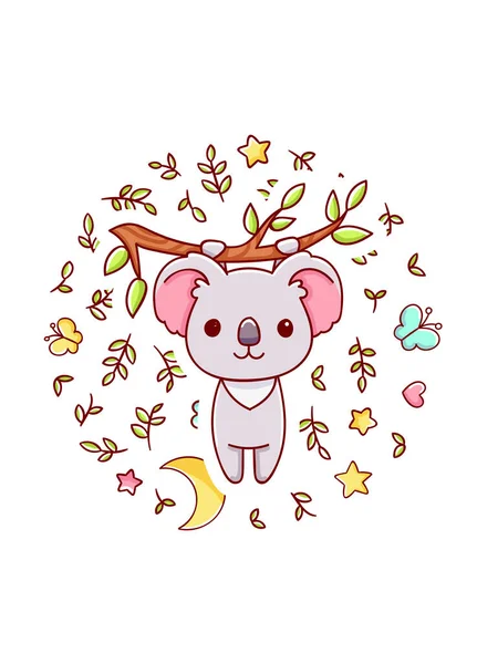 Lindo Kawaii Dibujado Mano Garabatos Koala Círculo Impresión Aislado Sobre — Vector de stock