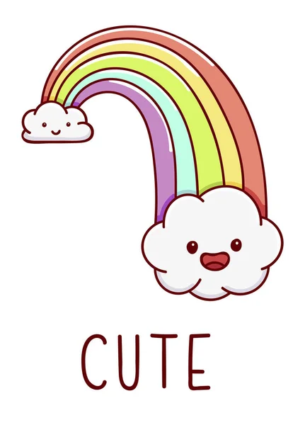 Linda mano kawaii dibujado garabatos arco iris, tipografía lindo, aislado sobre fondo blanco — Vector de stock