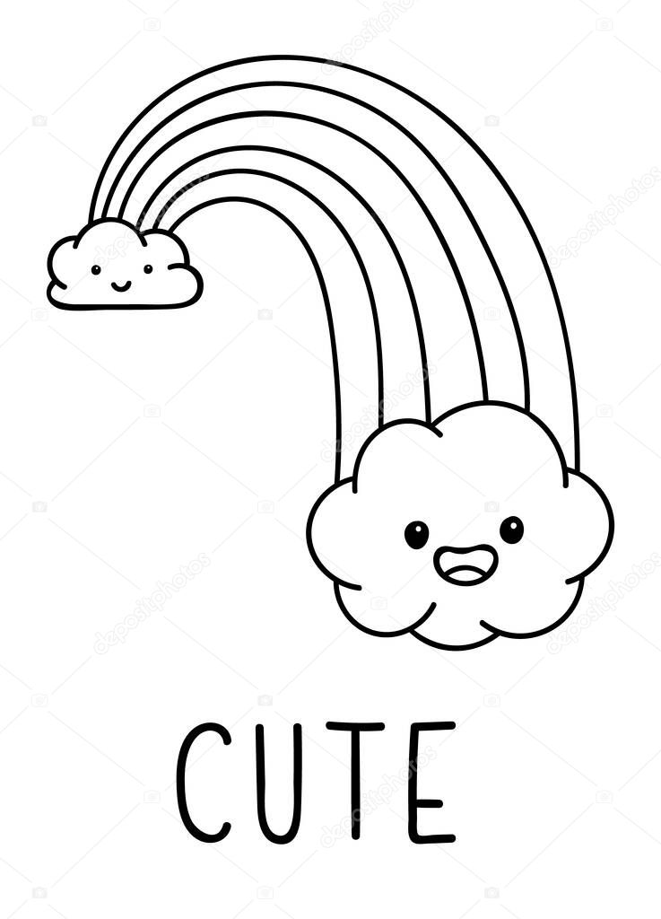 Coloring pages, black and white cute kawaii hand drawn rainbow doodles, lettering cute