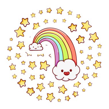 Şirin kawaii el çizimi gökkuşağı karalamaları, daire baskısı, beyaz arka planda izole edilmiş.