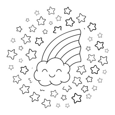 Boyama sayfaları, siyah beyaz kawaii el çizimi gökkuşağı karalamaları, daire baskısı
