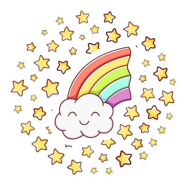 Carino kawaii disegnato a mano scarabocchi arcobaleno, stampa cerchio, isolato su sfondo bianco — Vettoriale Stock