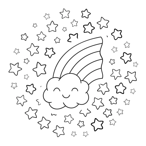 Pagine da colorare, bianco e nero carino kawaii disegnato a mano scarabocchi arcobaleno, stampa cerchio — Vettoriale Stock
