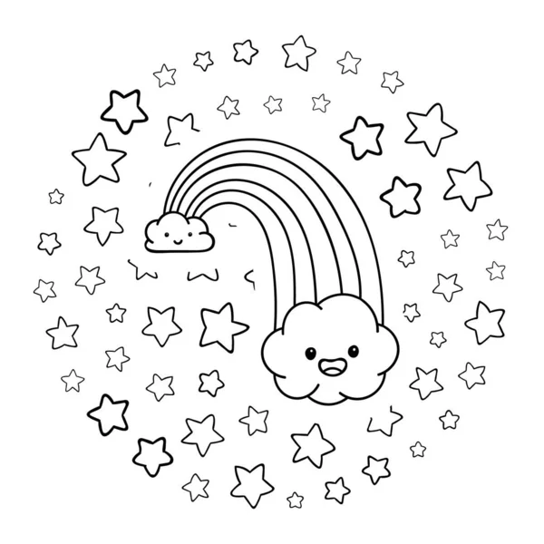 Dibujos para colorear, blanco y negro lindo kawaii dibujado a mano garabatos arco iris, círculo de impresión — Vector de stock