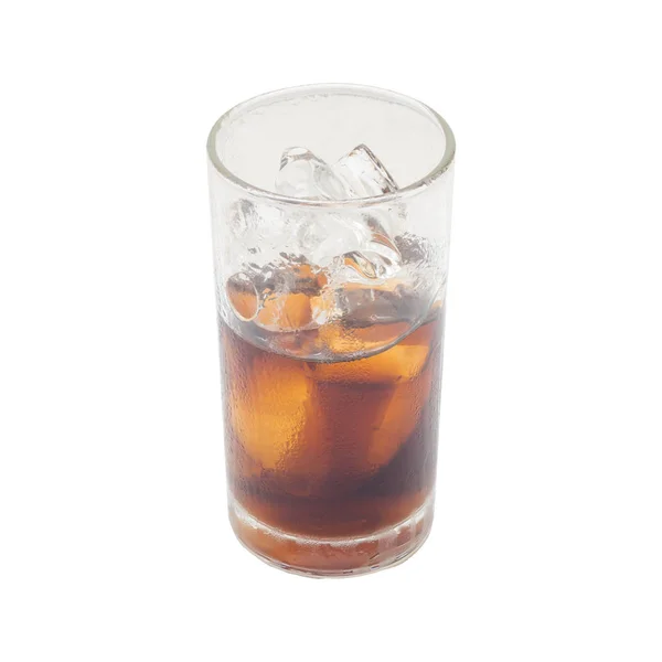 A cola drink on a glass of ice that has already eaten half a gla Stock Picture