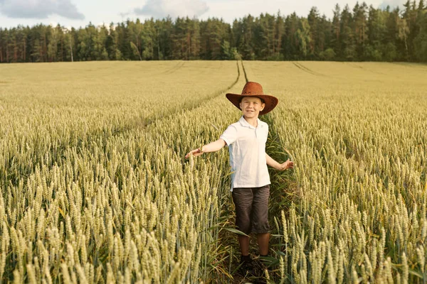 En pojke går på fältet vete i en cowboyhatt — Stockfoto