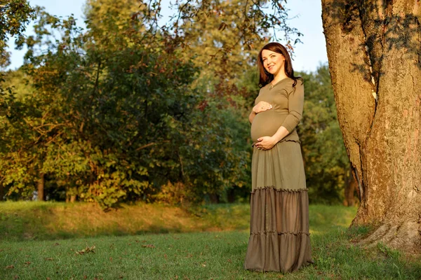 Молода вагітна жінка в очікуванні дитини, що стоїть в парку на сонячних променях — стокове фото