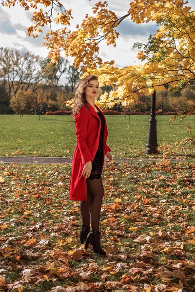 Портрет молодой девушки в красном пальто в осеннем парке в полном расцвете — стоковое фото