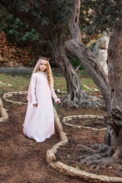 Маленька Принцеса Духів Фей Стоїть Чарівному Чарівному Лісі Весільному Вбранні — стокове фото