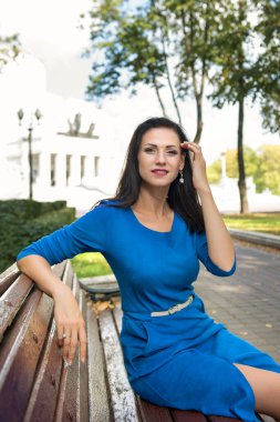 Parktaki bankta oturan ve arka planda sarayı olan mavi elbiseli çekici esmer bir iş kadınının yakın portresi.