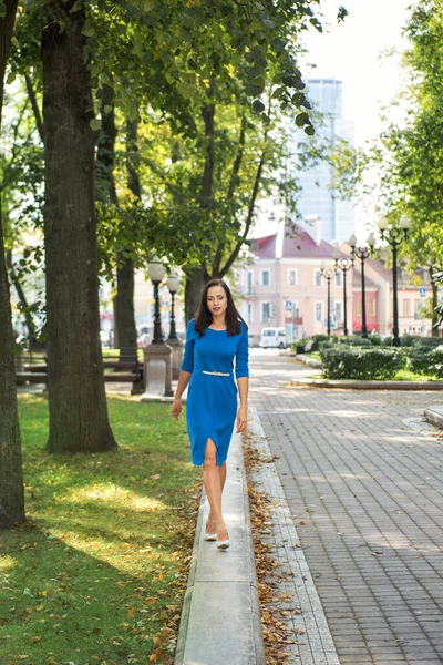 Молодая Привлекательная Деловая Брюнетка Синем Платье Прогулка Парапету Городском Парке — стоковое фото