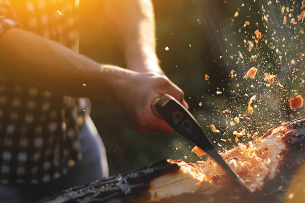 Holzfäller hacken Holz, Späne fliegen auseinander — Stockfoto