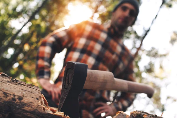 Büyük ağaç, arka plan üzerinde ekose gömlekli bulanık oduncu balta görünümünü kapat