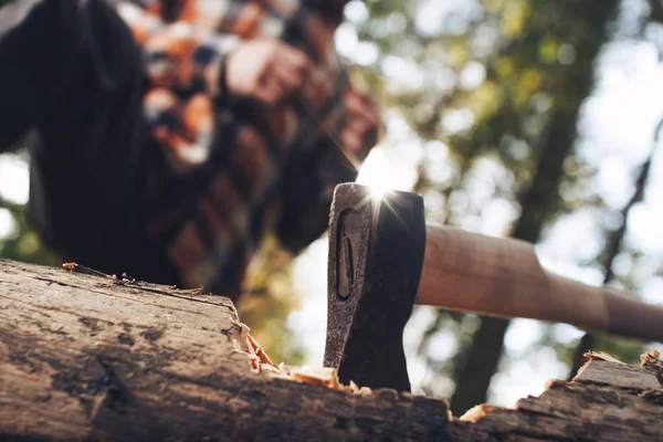 Ax close-up em árvore derrubada na floresta, logger em segundo plano — Fotografia de Stock