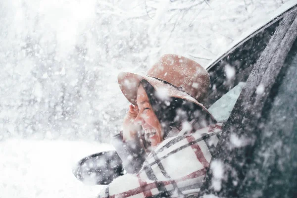 Happy Woman Wearing Hat Checkered Scarf Hanging Out Car Window — Stock Photo, Image