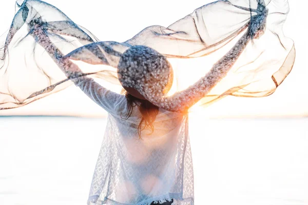 Beautiful Boho Girl Standing Cloth Hand Summer Breeze Caucasian Young — Stock Photo, Image