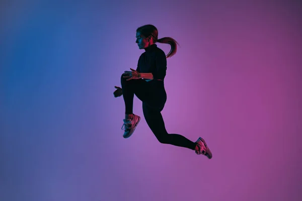 Handsome Woman Perfect Body Jumping Colorful Trendy Background Young Athletic — Stock Photo, Image