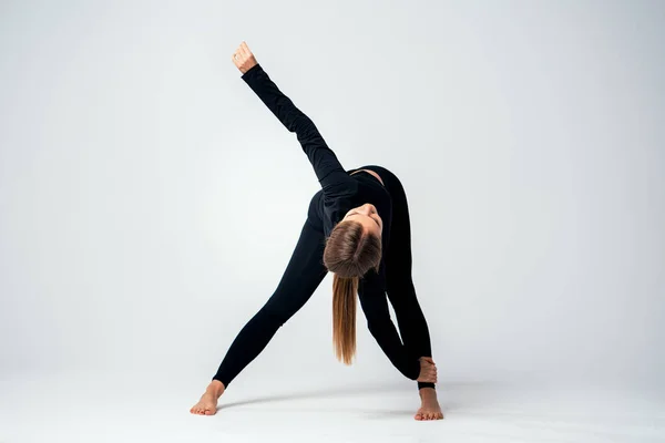 Fitness Woman Doing Stretching Exercises Studio Yoga Girl Stretches Her — Stock Photo, Image