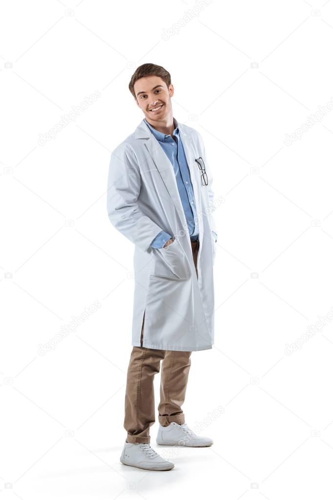 cheerful chemist in white coat
