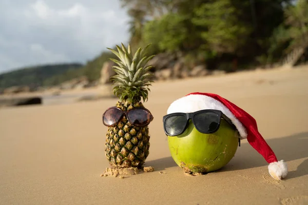 Coconut Holiday Glasses Santa Claus Hat Pineapple Concept Christmas Beach — Stock Photo, Image