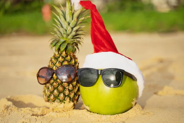 Coconut Holiday Glasses Santa Claus Hat Pineapple Concept Christmas Beach — Stock Photo, Image